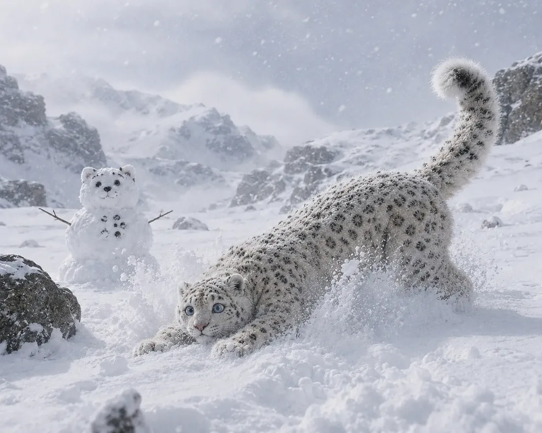 여러분! 여기 눈 위에서 스트레칭하는 '맹수'가 나타났어요!🐆❄️